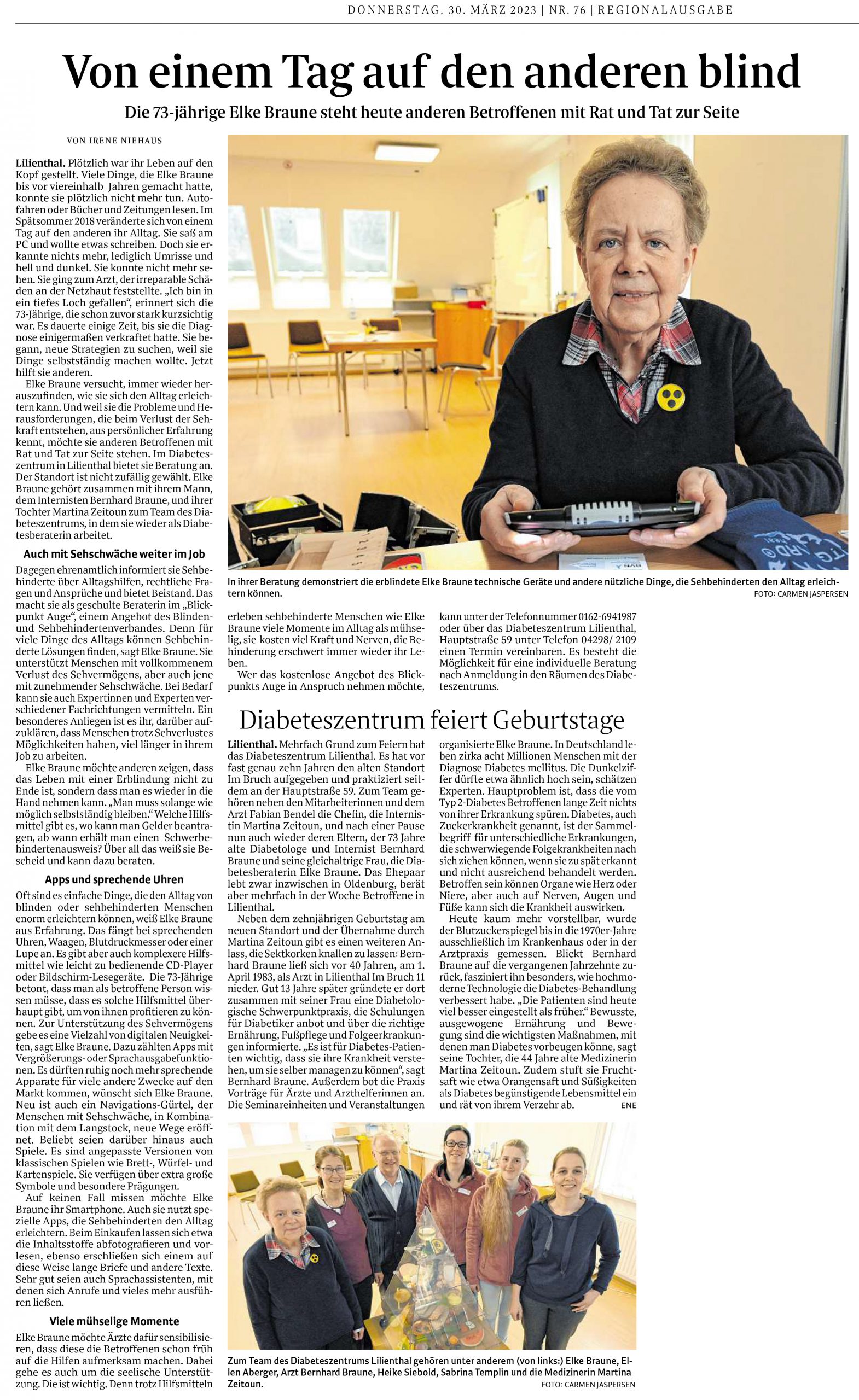Elke Braune, Artikel Wümme-Zeitung 30.3.23